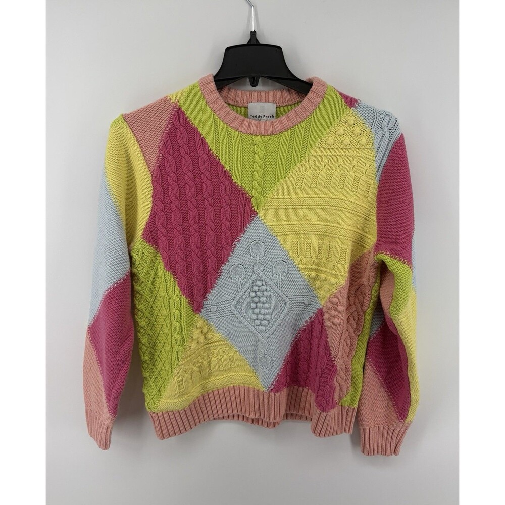 Teddy Fresh Women Pastel Patchwork Cable Knit Sweater Med Argyle Colorblock 90's